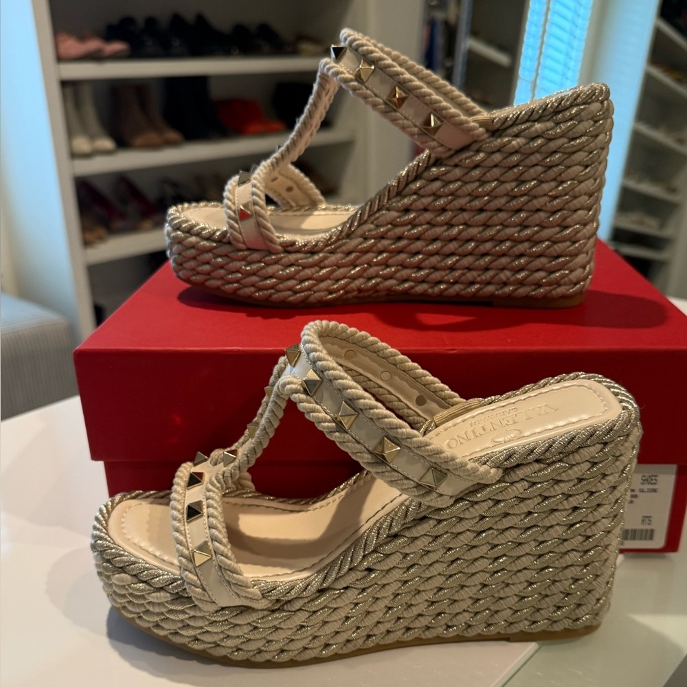 Valentino Cream Wedge Espadrilles with Braided Platform